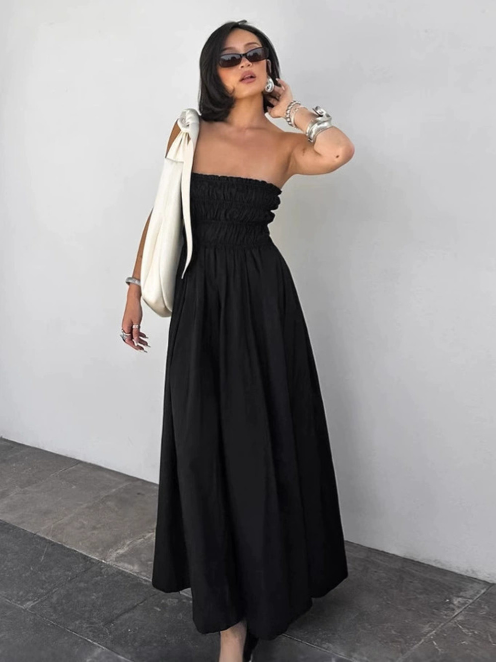 Forever 21 Black Strapless Waist Cinching A-Line Summer Midi Dress
